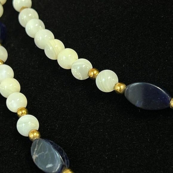 Vintage Mother of Pearl , Sodalite , and Gold Plated Beaded 34 inch Necklace - Picture 2 of 4